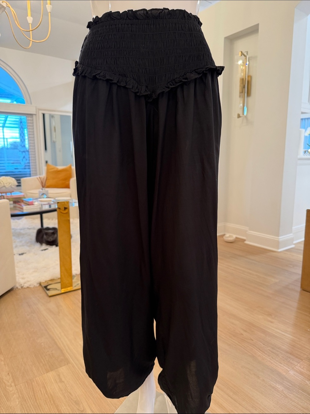 Black Smocked Wide-Leg Pants